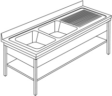 Doppelspültisch LR2GD mit Bodenboard Tiefe 600 mm (Spülen rechts)